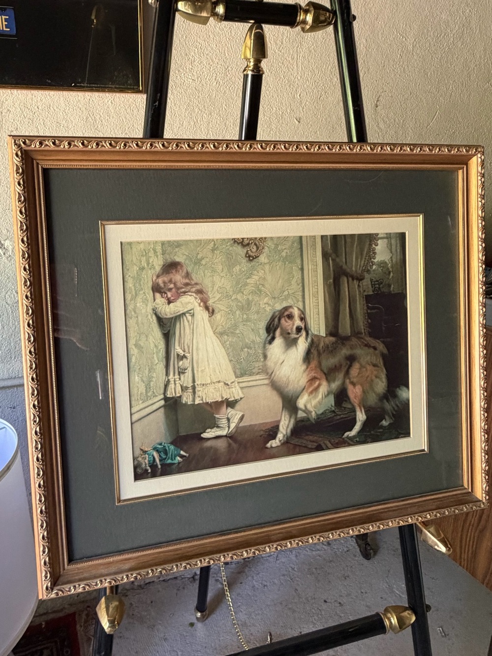 Framed Wall Art Print Featuring Girl and Dog – Green Mat, Gold Frame